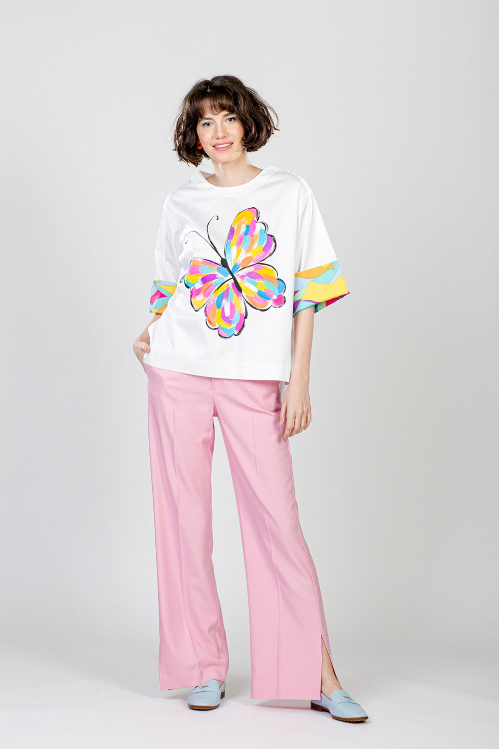 BLUZA ALBĂ PICTATĂ MANUAL FLUTURE "BALI" - imagine 2