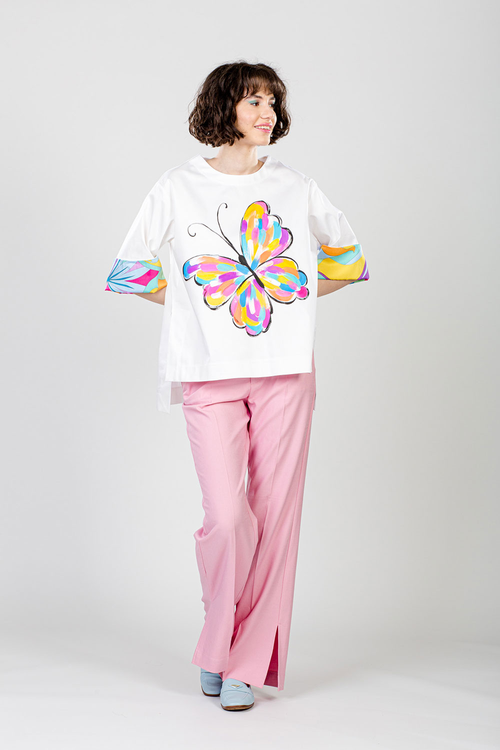 BLUZA ALBĂ PICTATĂ MANUAL FLUTURE "BALI" - imagine 3