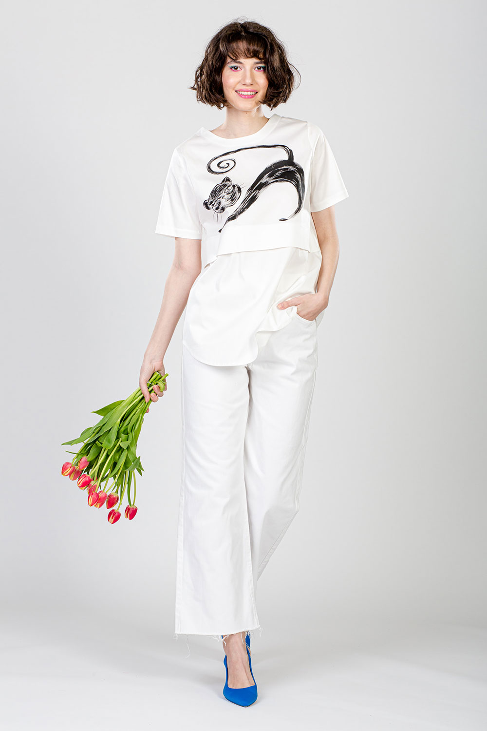 BLUZA ALBĂ PICTATĂ PISICA "MAURIA" - imagine 2